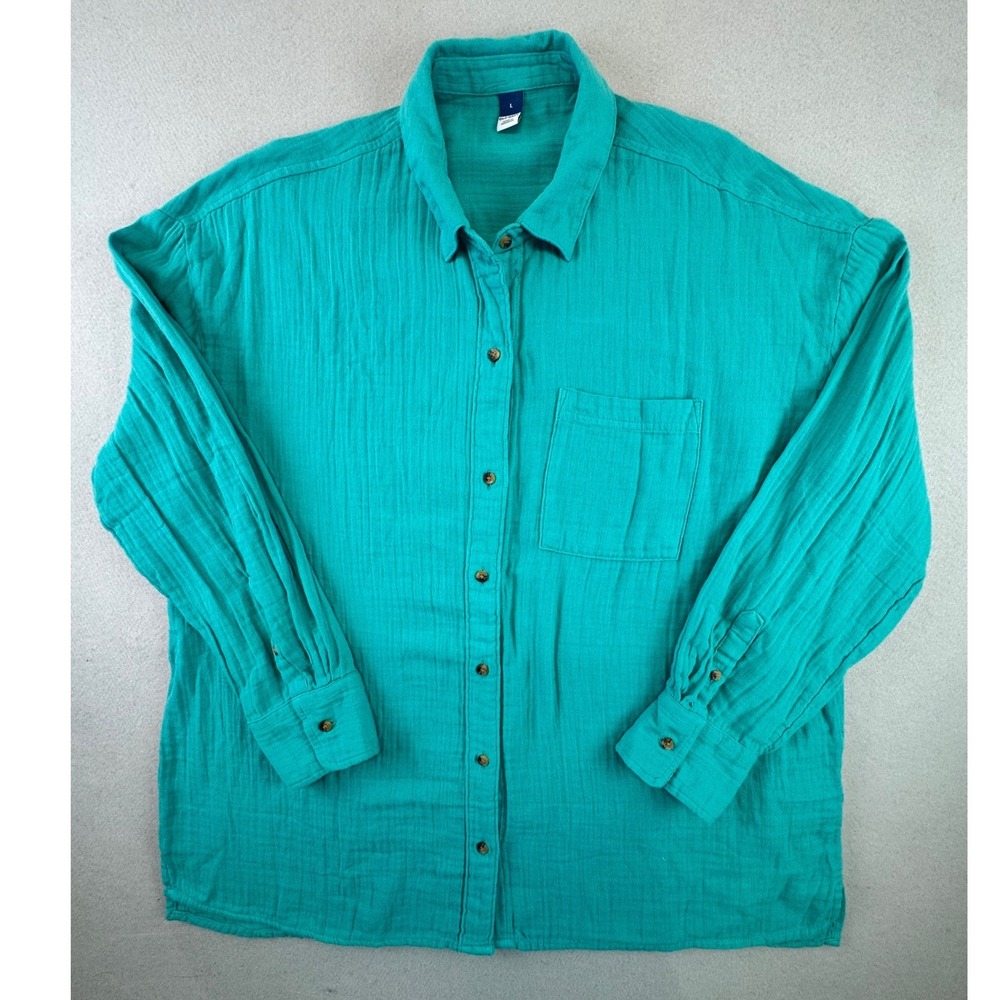 Old Navy Loose Oversized Cotton Gauze Button Down Shirt Blue Wing Teal Large NWT